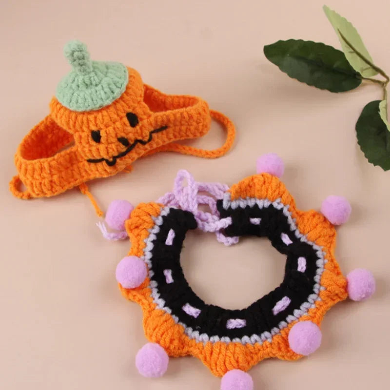 Creative Knitted Pumpkin Ghost Ruffle Pet Hat Halloween Handmade Knitted Dog and Cat Headwear Neck Warmer Decoration