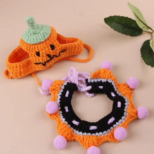 Creative Knitted Pumpkin Ghost Ruffle Pet Hat Halloween Handmade Knitted Dog and Cat Headwear Neck Warmer Decoration