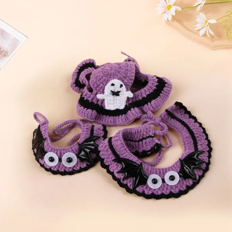 Creative Knitted Pumpkin Ghost Ruffle Pet Hat Halloween Handmade Knitted Dog and Cat Headwear Neck Warmer Decoration