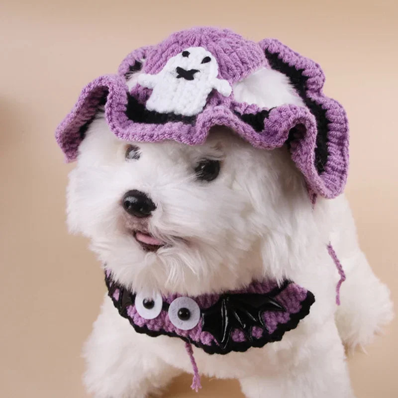 Creative Knitted Pumpkin Ghost Ruffle Pet Hat Halloween Handmade Knitted Dog and Cat Headwear Neck Warmer Decoration
