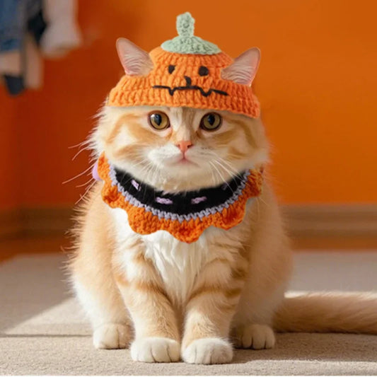 Creative Knitted Pumpkin Ghost Ruffle Pet Hat Halloween Handmade Knitted Dog and Cat Headwear Neck Warmer Decoration
